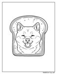 Shiba Inu pan de molde coloreable: dibujo de un perro sonriente con la lengua fuera, en forma de rebanada de pan con semillas en la corteza.