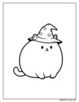 Dibujo de gato simple para colorear: gato redondo y tierno con sombrero de bruja decorado con estrellas, ideal para niños