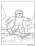 Coloriage skateboard Roblox représentant un personnage style Lego avec un casque, faisant du skate sur une rampe dans un parc avec des arbres.