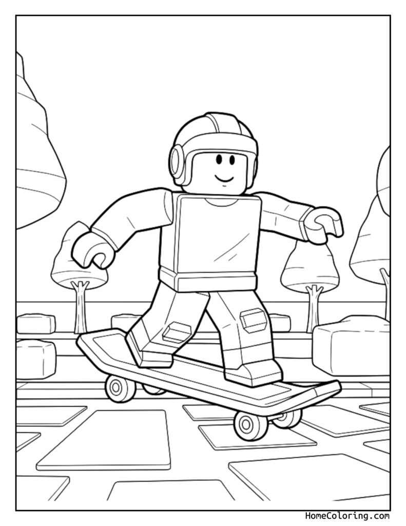 Skateboard Roblox coloring page featuring a Lego-like character in a helmet performing a skateboard trick in an urban skate park setting.
