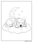 Coloriage chien endormi représentant un adorable chiot dormant sur un nuage duveteux sous une lune en croissant et des étoiles.
