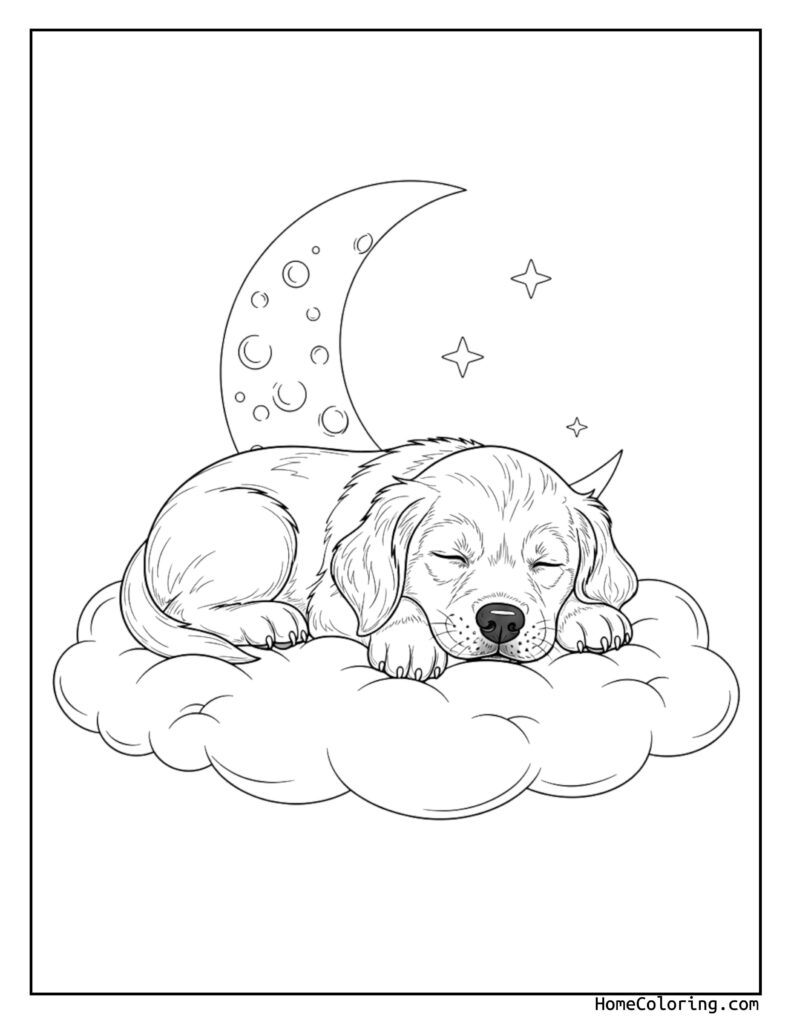 Sleeping dog coloring page featuring a cute puppy resting on a fluffy cloud under a crescent moon and stars, ready for coloring fun.