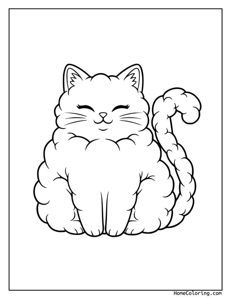 Sweet cat coloring page featuring a chubby, fluffy kitten with closed eyes, a relaxed smile, and a curled tail, perfect for children to color.