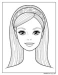 Kolorowanka Barbie przedstawiająca szczegółowy portret kobiety z długimi włosami, opaską w kwiaty, dużymi oczami i pełnymi ustami.
