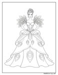 Página para colorear de Barbie con un vestido de gala lleno de detalles, motivos de hojas y flores, peinado elegante y un ramo en las manos.