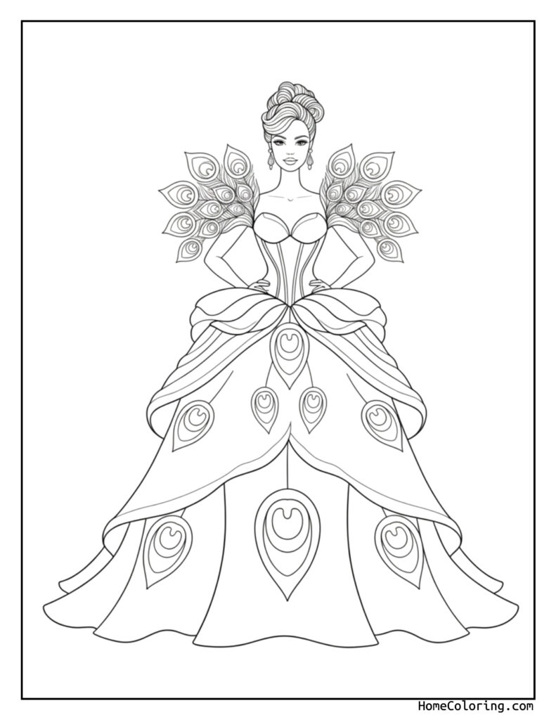 Barbie coloring page featuring a detailed black and white line drawing of a woman in an elaborate gown with leaf-like patterns, swirls, and an elegant updo.