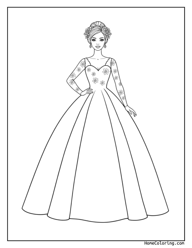 Barbie free coloring page featuring a woman in a long, elegant dress with floral patterns, a tiara, and styled hair, ready for kids to color.