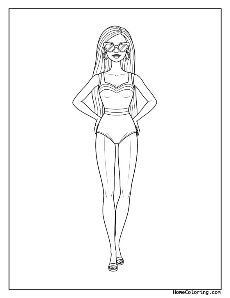Barbie in a swimsuit coloring page featuring a stylish woman with long straight hair, sunglasses, high-heeled shoes, and hands on her hips, ready for coloring.