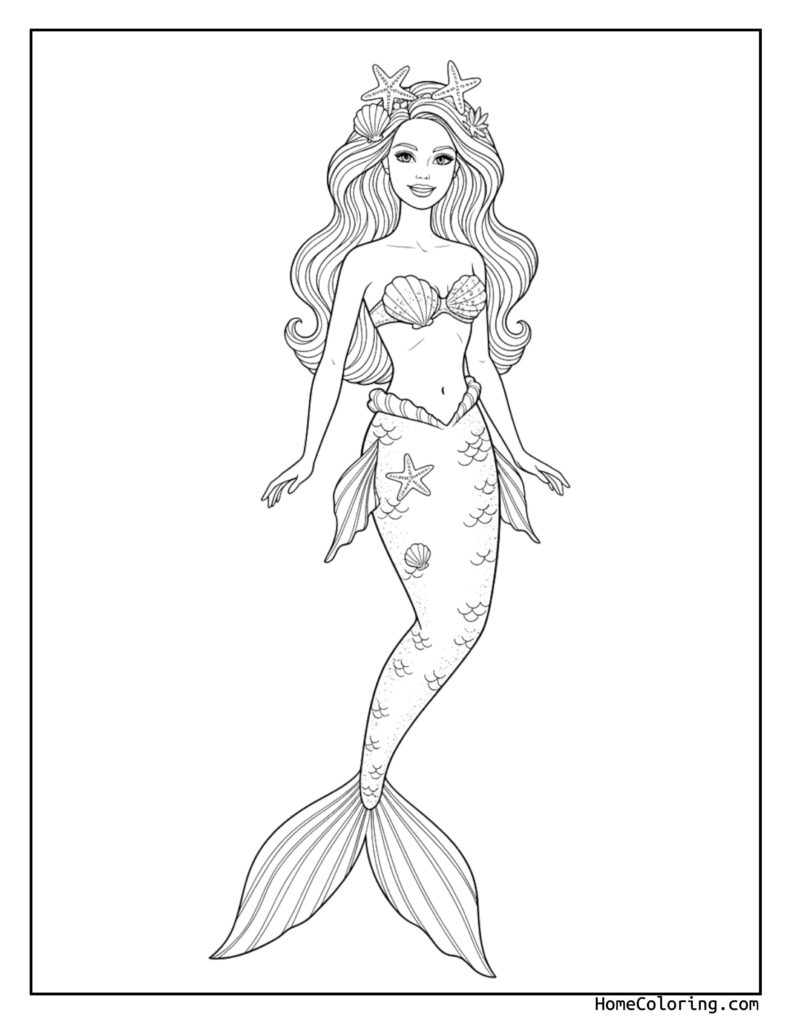 Barbie mermaid coloring page featuring a graceful mermaid with long flowing hair decorated with starfish and seashells, wearing a seashell bikini top and a tail adorned with ocean treasures.
