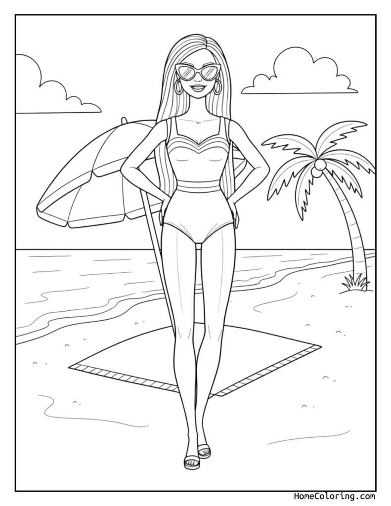 Barbie on the beach coloring page featuring a woman in sunglasses and a bikini holding an umbrella, standing on sandy shores with waves, a palm tree, and a towel nearby.
