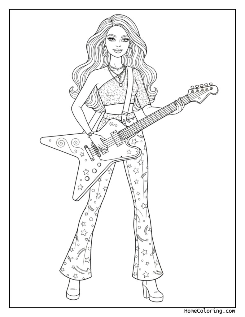 Barbie with a guitar coloring page featuring a stylish woman playing an electric guitar, adorned with star patterns and long wavy hair, ready for coloring.