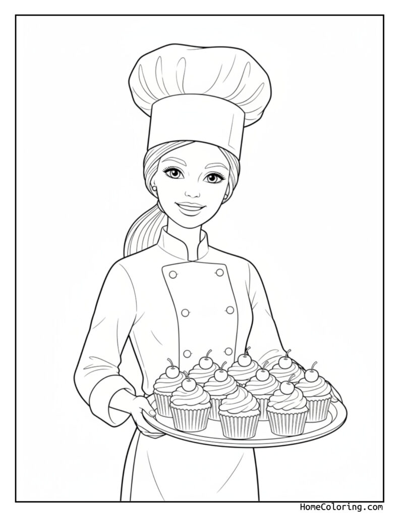 Barbie with cupcakes coloring page featuring a cheerful chef woman in a hat and uniform holding a tray of cupcakes topped with cherries