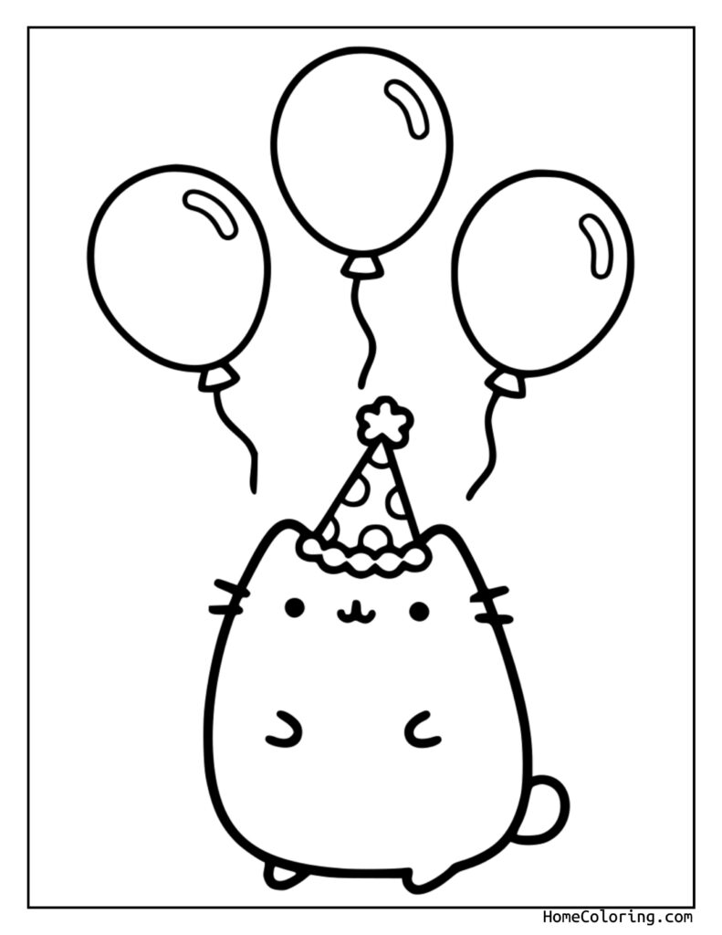Birthday Pusheen coloring pages featuring a cute chubby cat in a party hat holding three balloons, ready for coloring fun.