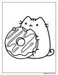 Urocze kolorowanki Pusheen dla dzieci: gruby kotek z dużymi oczami i wąsami trzyma w łapkach pączka z lukrem i kolorowymi wzorkami.