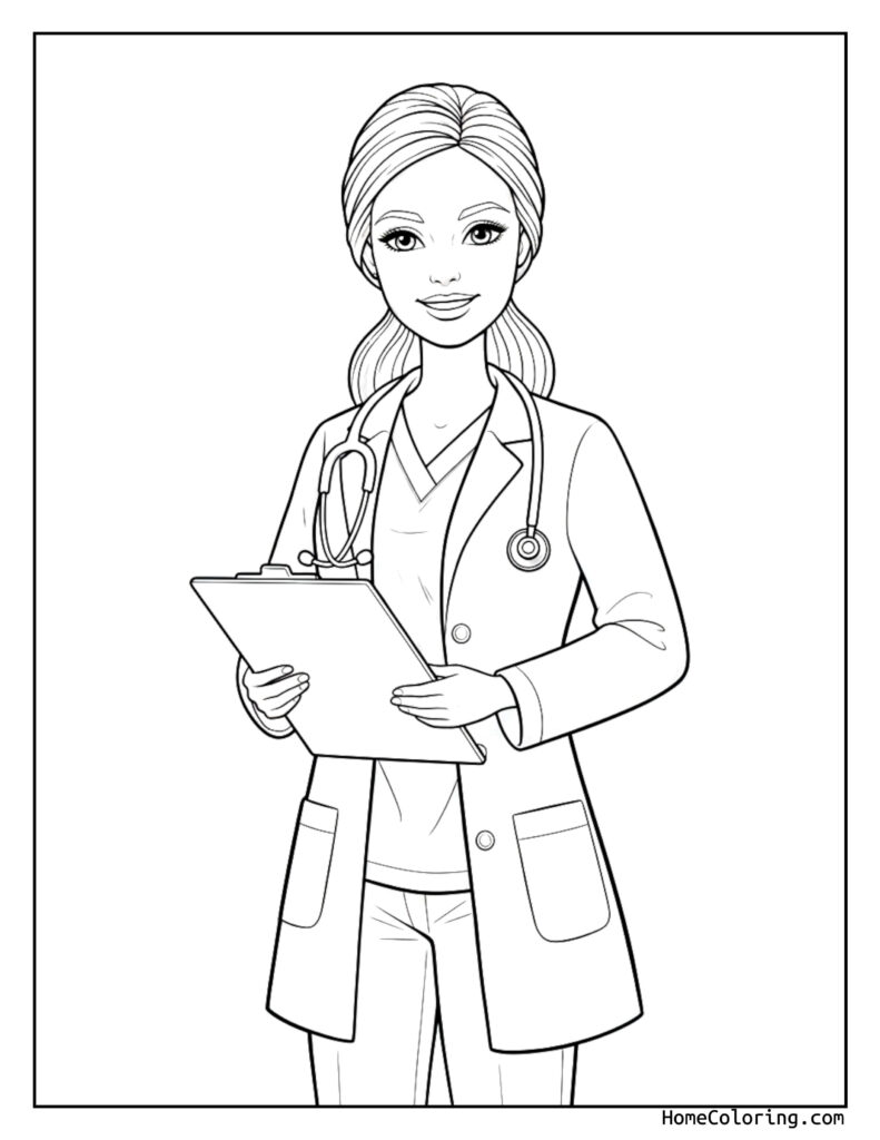 Doctor Barbie coloring page featuring a female doctor in a lab coat, holding a clipboard and wearing a stethoscope around her neck.