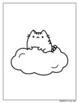 Einfaches Pusheen Ausmalbild: Niedliche Katzengestalt mit rundem Körper, großen Augen und Schnurrhaaren, sitzend auf einer flauschigen Wolke in einem rechteckigen Rahmen.