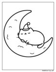 Einfache Pusheen Ausmalbilder für Kleinkinder: Entspannte Katze mit rundem Körper liegt auf dem Rücken in einer Mondsichel, umgeben von Sternen.