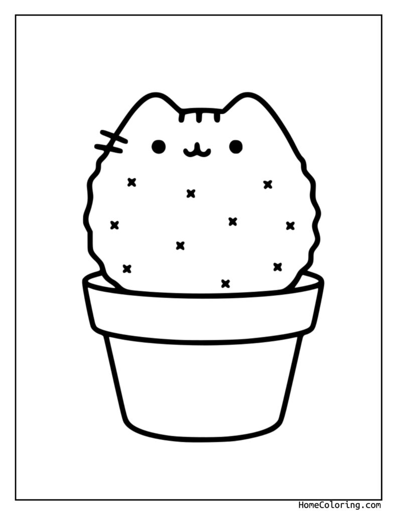 Pusheen Cactus coloring page featuring a cute cartoon cat sitting in a pot, smiling with closed eyes, whiskers, and spots on its round body.