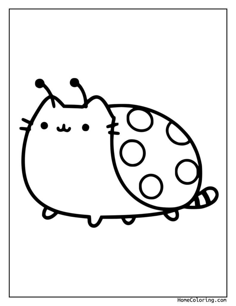 Pusheen ladybug coloring page featuring a cute cat-like character with a ladybug shell, antennae, and spots, ready for kids to color.
