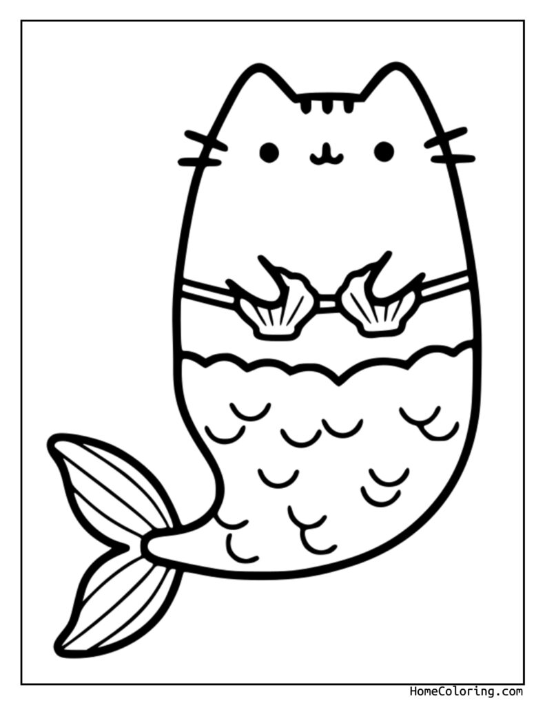 Pusheen mermaid coloring pages featuring a cute cat with glasses and a mermaid tail, scales, and fins in a black and white line drawing.