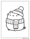 Páginas para colorear imprimibles de Pusheen: gato tierno con gorro de invierno y bufanda, dibujo en blanco y negro para colorear