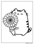Coloriage Pusheen et tournesol représentant un chat mignon style cartoon caché derrière une grande fleur de tournesol aux pétales détaillées, dessin à colorier pour enfants.