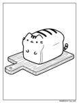 Pusheen jako bochenek chleba – urocza kolorowanka z kotem w kształcie kromki, z paskami i słodkim uśmiechem, siedzącym na drewnianej desce do krojenia.