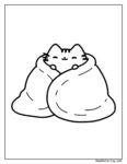 Pusheen blanket coloring page: dibujo de Pusheen, el gato relajado con un collar y cascabel, acurrucado para colorear en blanco y negro.