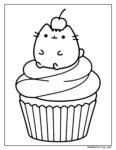 Pusheen coloring page: dibujo de un gato redondo y tierno sentado sobre un cupcake con crema y una cereza en la cabeza, listo para colorear.