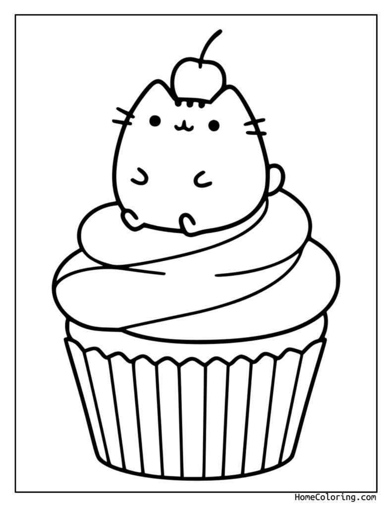Pusheen coloring page featuring a cute, chubby cat character sitting on a swirled frosting cupcake with a cherry on its head.