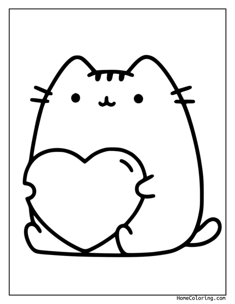 Pusheen coloring pages PDF featuring a cute chubby cat holding a heart shape, perfect for kids and coloring enthusiasts.