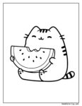 Fiches de coloriage Pusheen représentant un chat mignon tenant une tranche de pastèque avec des graines, prêt à être colorié par les enfants.
