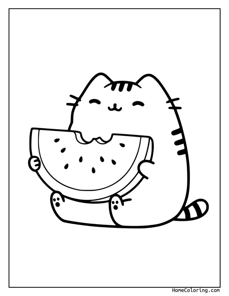 Pusheen coloring sheets featuring a cute chubby cat holding a slice of watermelon with visible seeds and a playful bite taken out of it.