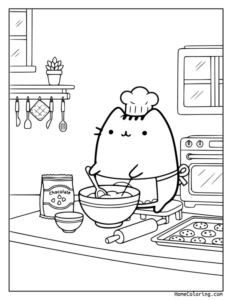 Pusheen eating coloring pages featuring Pusheen the cat in a chef's hat and apron, mixing ingredients in a bowl in a cozy kitchen with cookies and chocolate.
