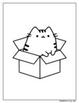 Pusheen free coloring page featuring a cute black and white line drawing of a chubby cat with big round eyes and whiskers, nestled inside an open box.