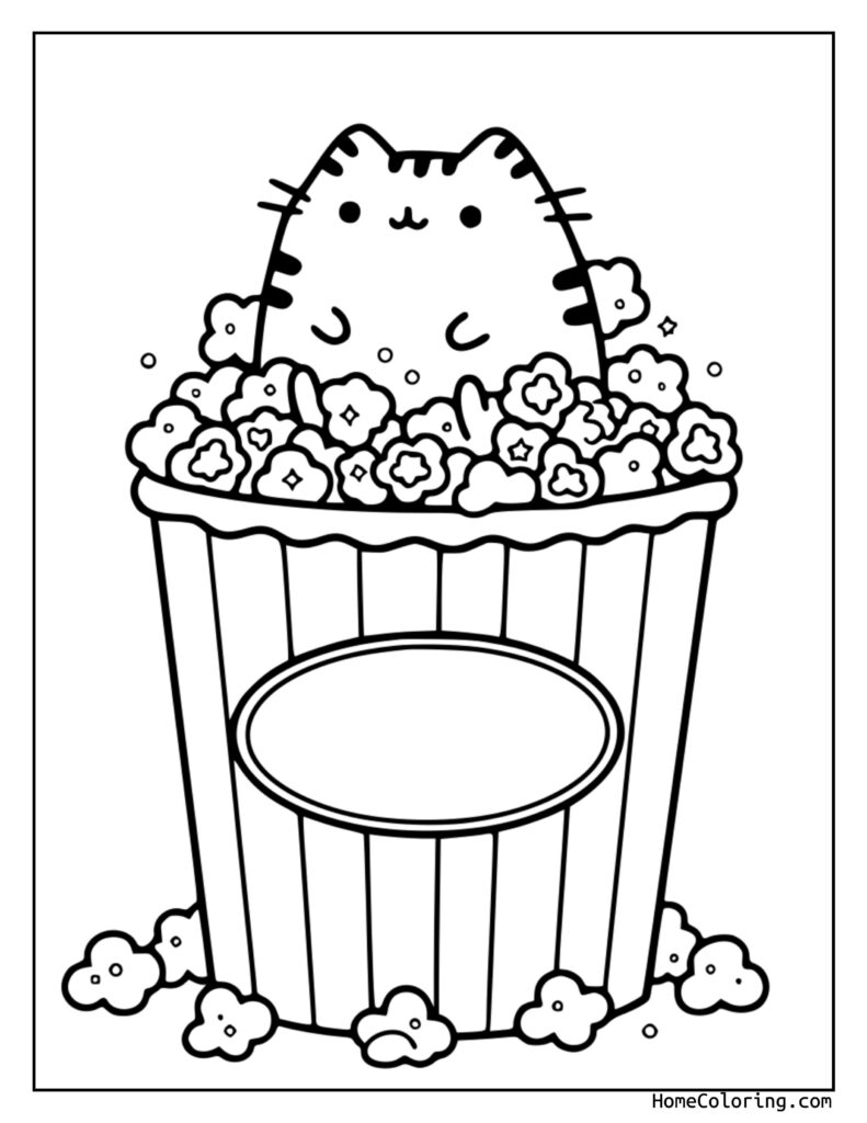 Pusheen in popcorn coloring page showing a playful cat-like character sitting on a striped popcorn bucket with scattered popcorn pieces around.