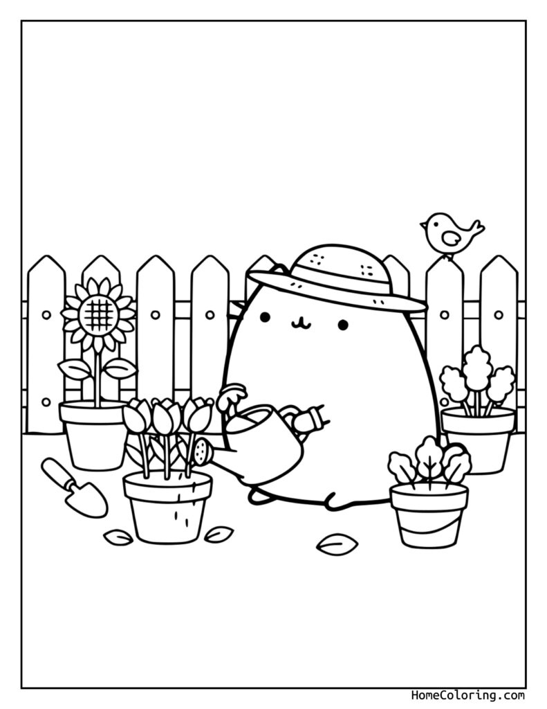 Pusheen in the garden coloring page showing a chubby cat in a hat watering potted tulips, sunflowers, and flowers with a small bird on a wooden fence.
