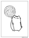 Pusheen lollipop kolorowanka przedstawiająca grubiutkiego kotka trzymającego duży lizak w spiralne wzory na białym tle z ramką.
