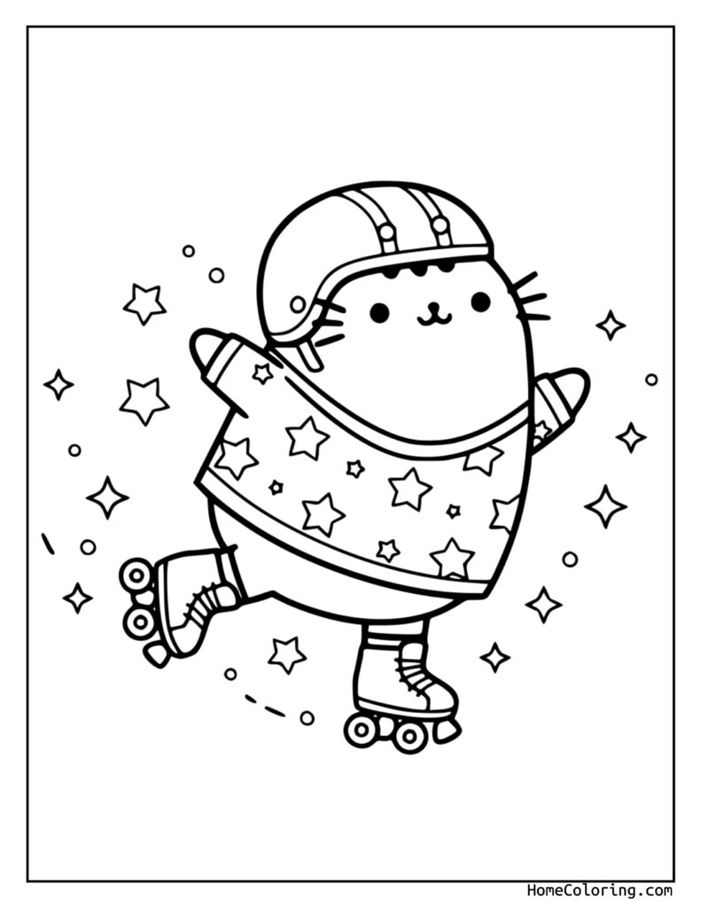 Pusheen on roller skates coloring page featuring a chubby cartoon cat in a helmet and roller skates, holding a hockey stick, surrounded by stars and sparkles.