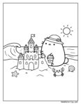Pusheen à la plage coloriage montrant un chat rond et mignon avec un chapeau, un seau, un château de sable, des étoiles de mer, un crabe et des coquillages sur une plage ensoleillée.