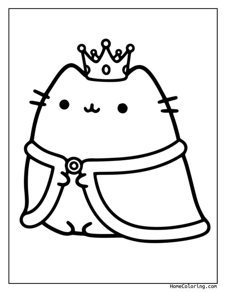 Pusheen the King coloring page featuring a chubby cat in a royal crown and flowing dress with a belt, ready for kids to color.