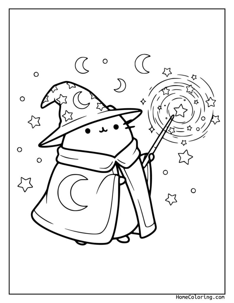 Pusheen the Magician coloring page featuring a cute cat in a wizard hat with stars and moons, holding a wand emitting sparkles and celestial elements.