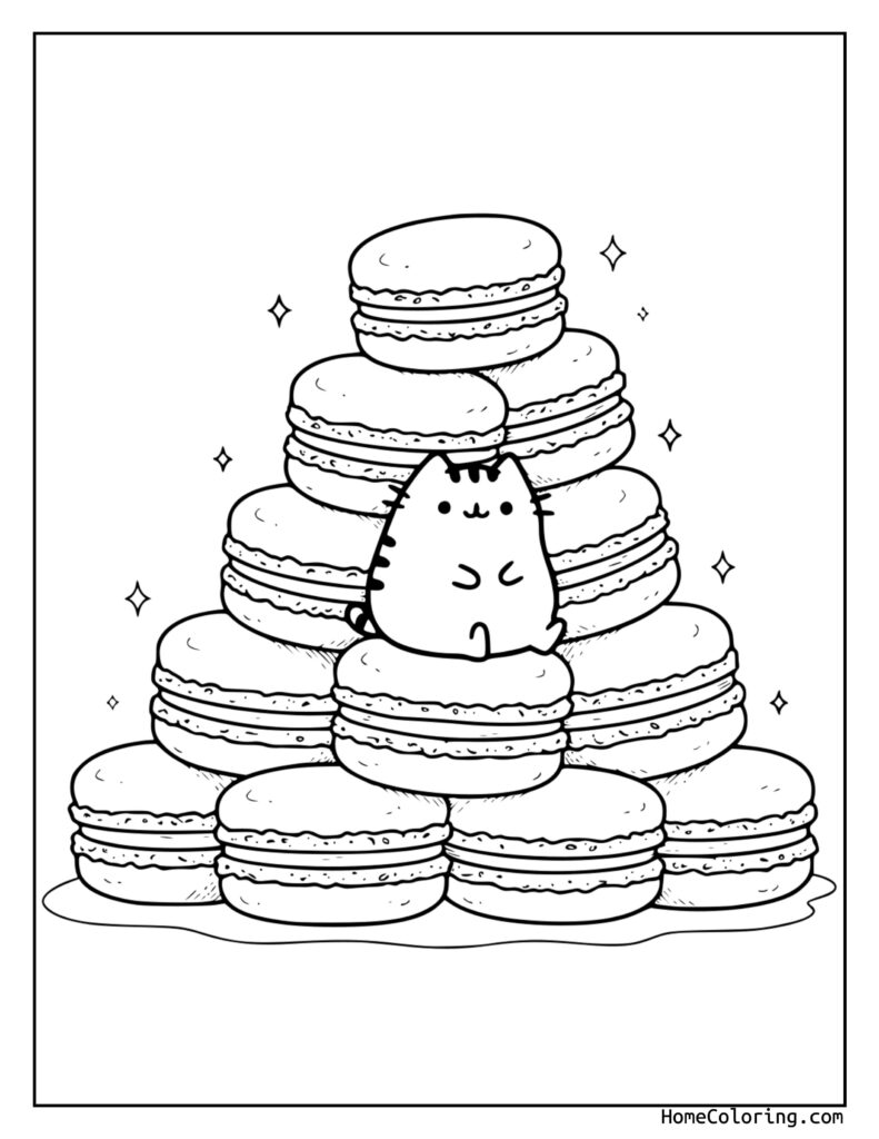Pusheen with cookies coloring page showing a cute cartoon cat nestled in a stack of macarons, surrounded by sparkles, ready for coloring.