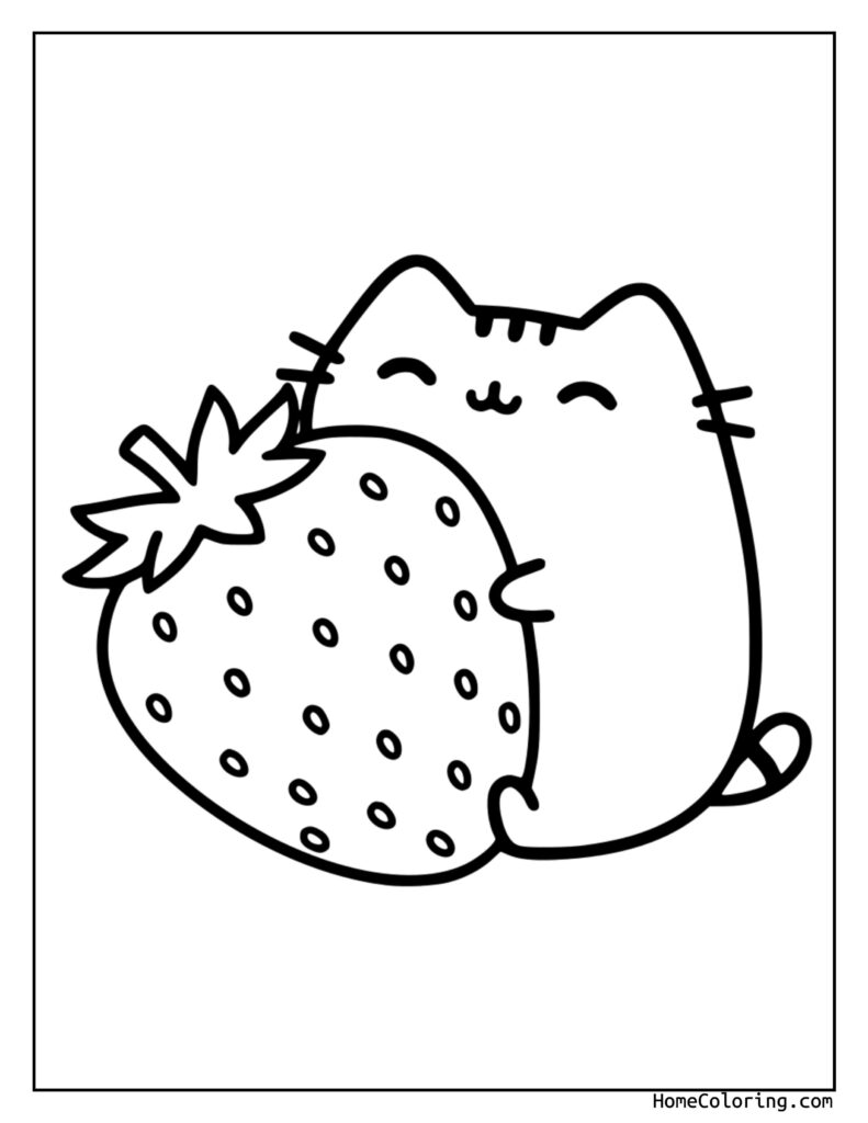 Pusheen with strawberry coloring page showing a cute cat-like character hugging a large strawberry with seeds and a leafy top in a black and white line drawing.