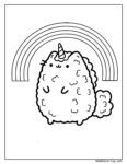 Pusheenicorn coloring pages featuring a cute, fluffy creature with a unicorn horn, rainbow, and cloud in a playful line drawing.