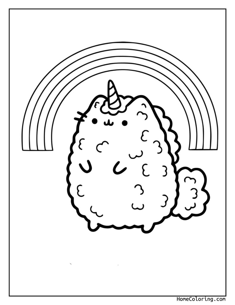 Pusheenicorn coloring pages featuring a cute, fluffy creature with a unicorn horn, rainbow, and cloud in a playful line drawing.