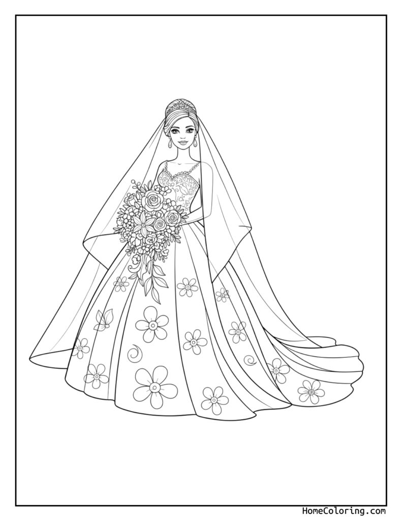 Wedding Barbie coloring page featuring a detailed black and white line drawing of a bride in a floral-patterned wedding dress, holding a bouquet, with a long train, veil, and tiara.