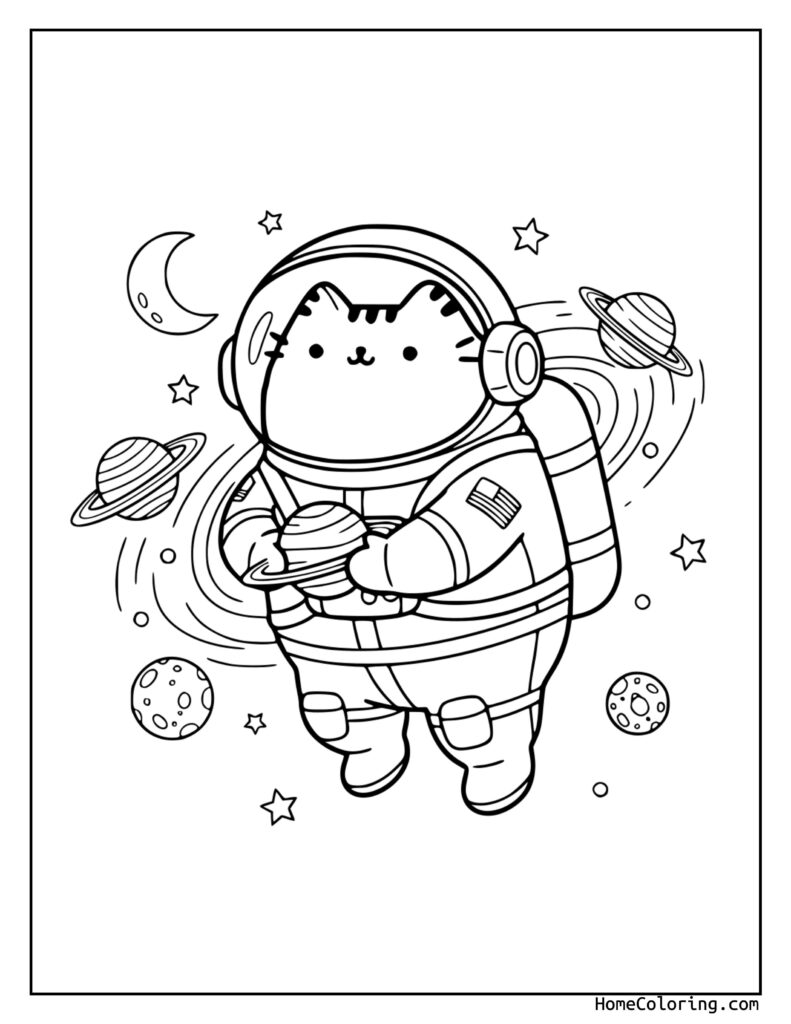 Astronaut Pusheen coloring page featuring a cute cat in a spacesuit, helmet, planets, stars, and a crescent moon in a playful space scene.