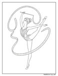 Ballerina Barbie coloring page featuring a dynamic gymnast in a leotard performing with a swirling ribbon in an intricate pose.