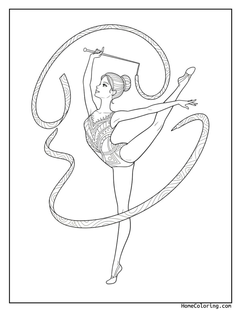 Ballerina Barbie coloring page featuring a dynamic gymnast in a leotard performing with a swirling ribbon in an intricate pose.